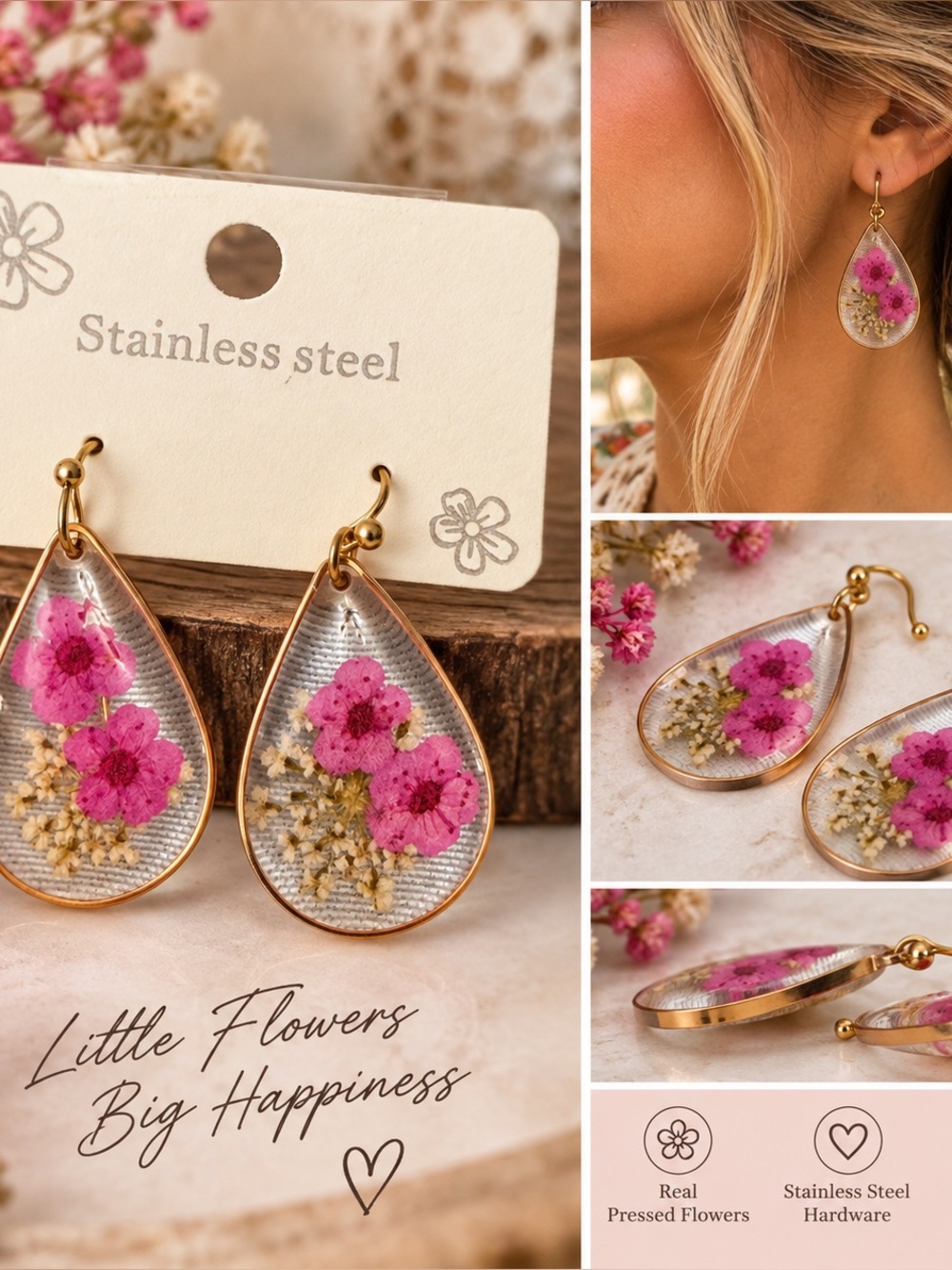 Gold Teardrop Earrings with Pink Pressed Flowers